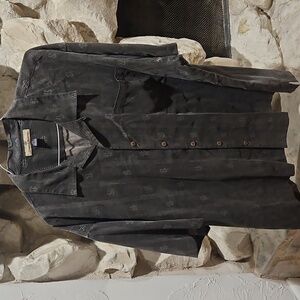 Tommy Bahama Gray Button Down Short Sleeve Dollar Money Sign Weave Print Shirt